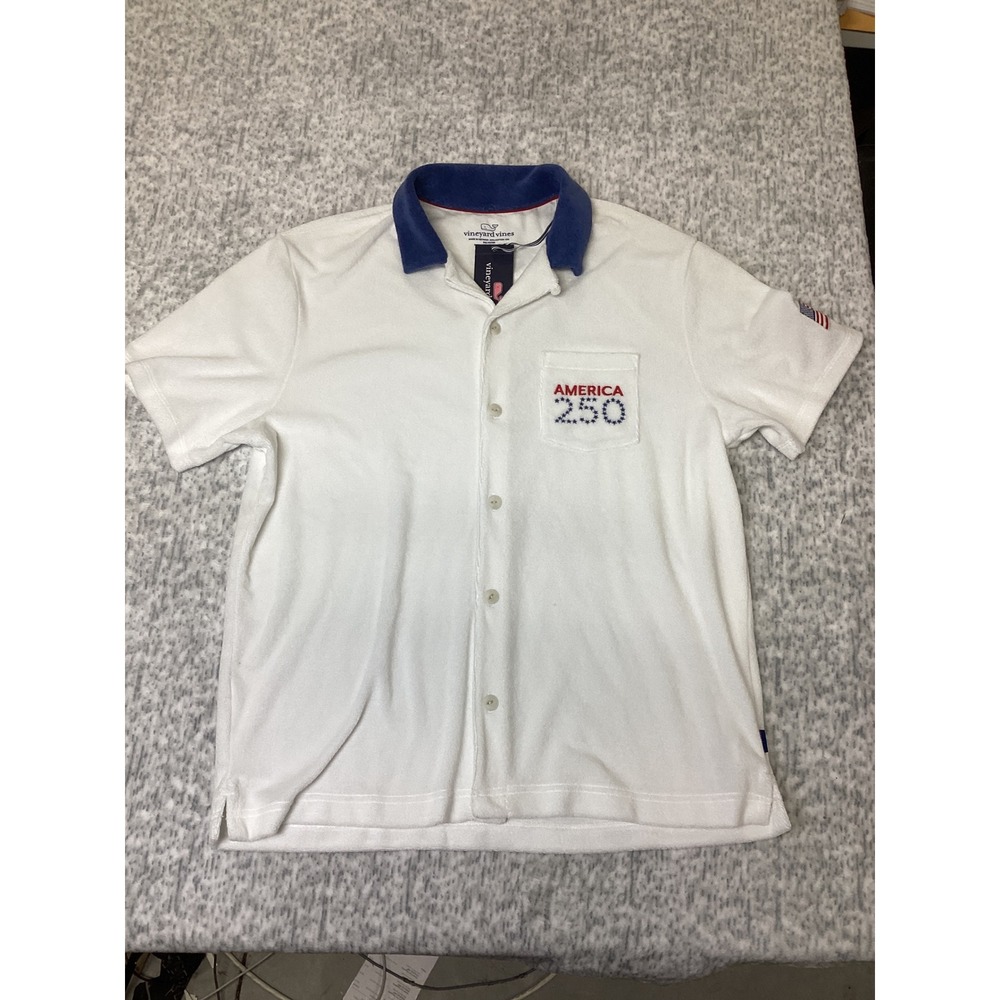 Vineyard Vines Mens Terry Cloth Camp Shirt America 250 White Blue M 1G013649-100